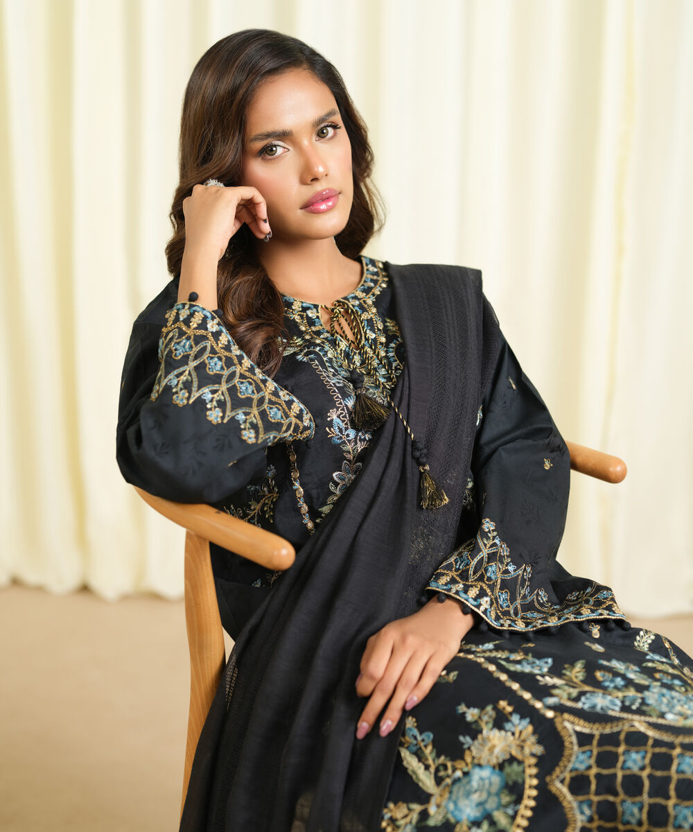 Women's Unstitched Cotton Jacquard Embroidered Black 3 Piece Suit