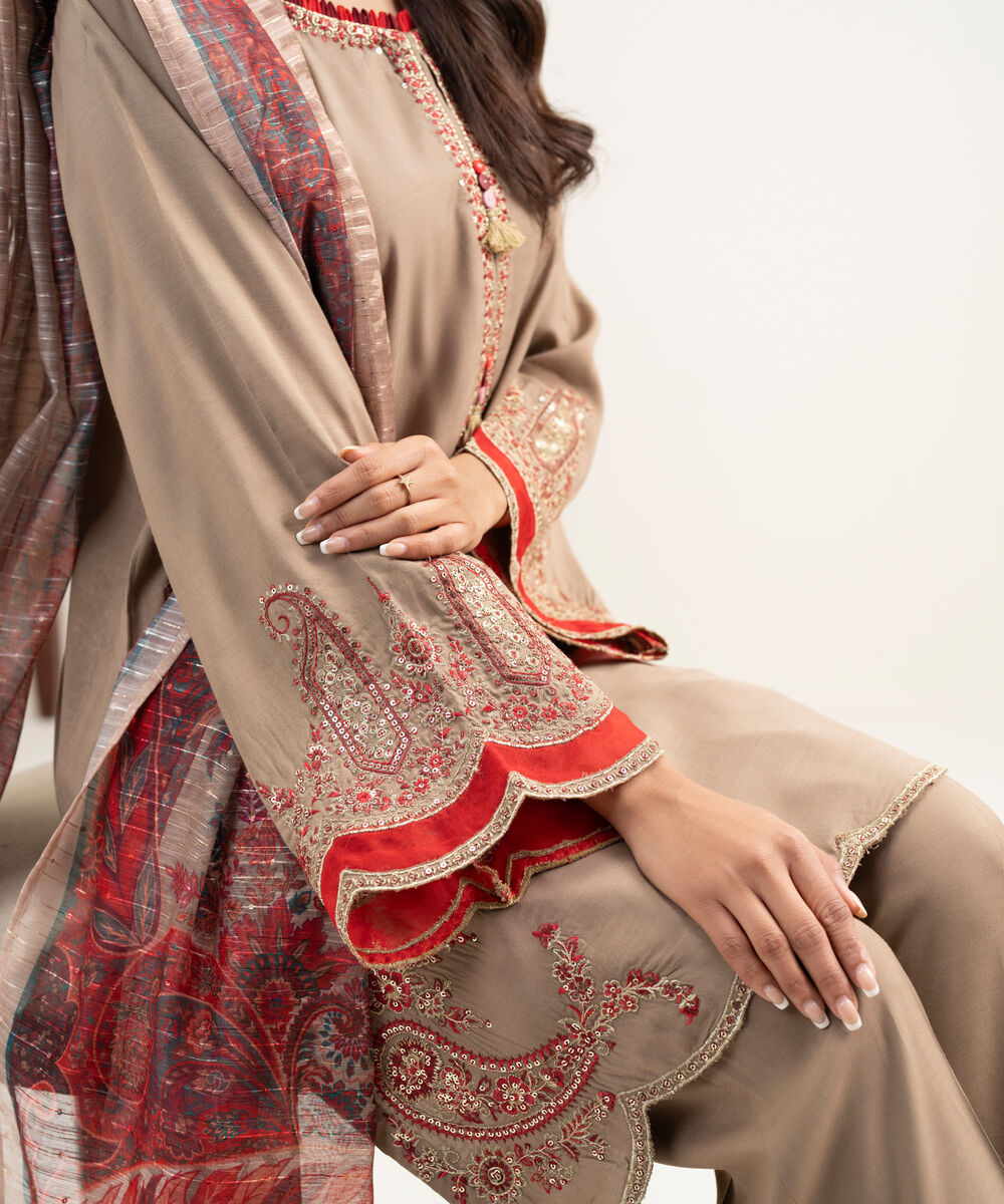 Women's RTW Viscose Raw Silk Embroidered Brown 3 Piece Suit