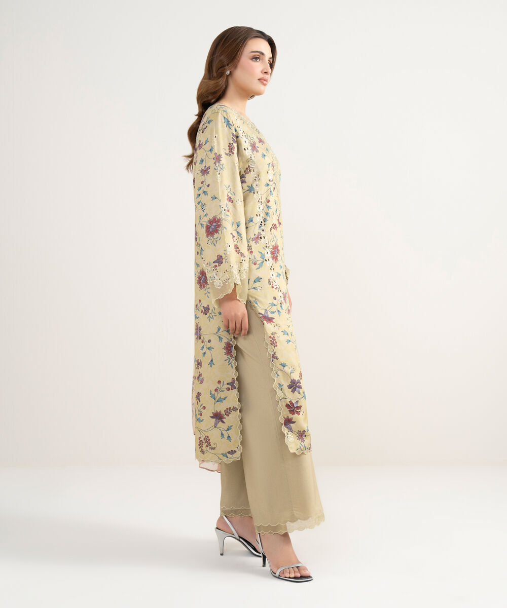 Women's Unstitched Viscose Satin Embroidered Yellow 3 Piece Suit