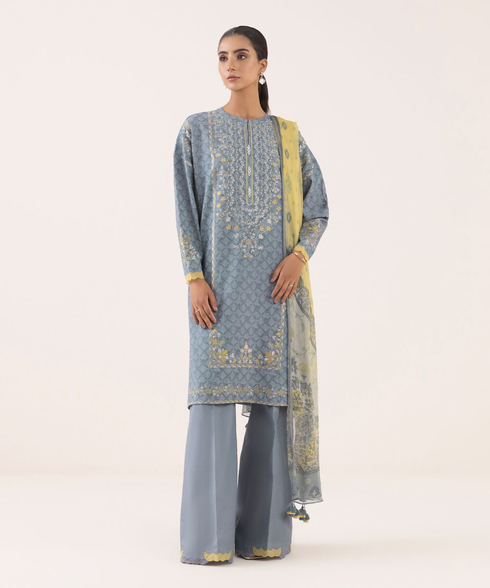 Women's Unstitched Dobby Embroidered Grey Three Piece Suit