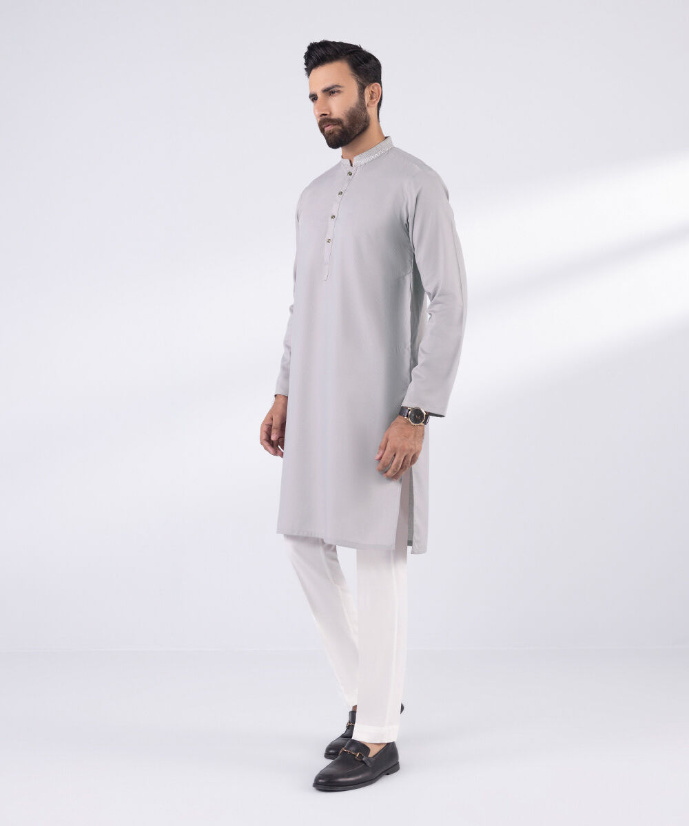 Men's Blended Stitched Embroidered Grey Kurta
