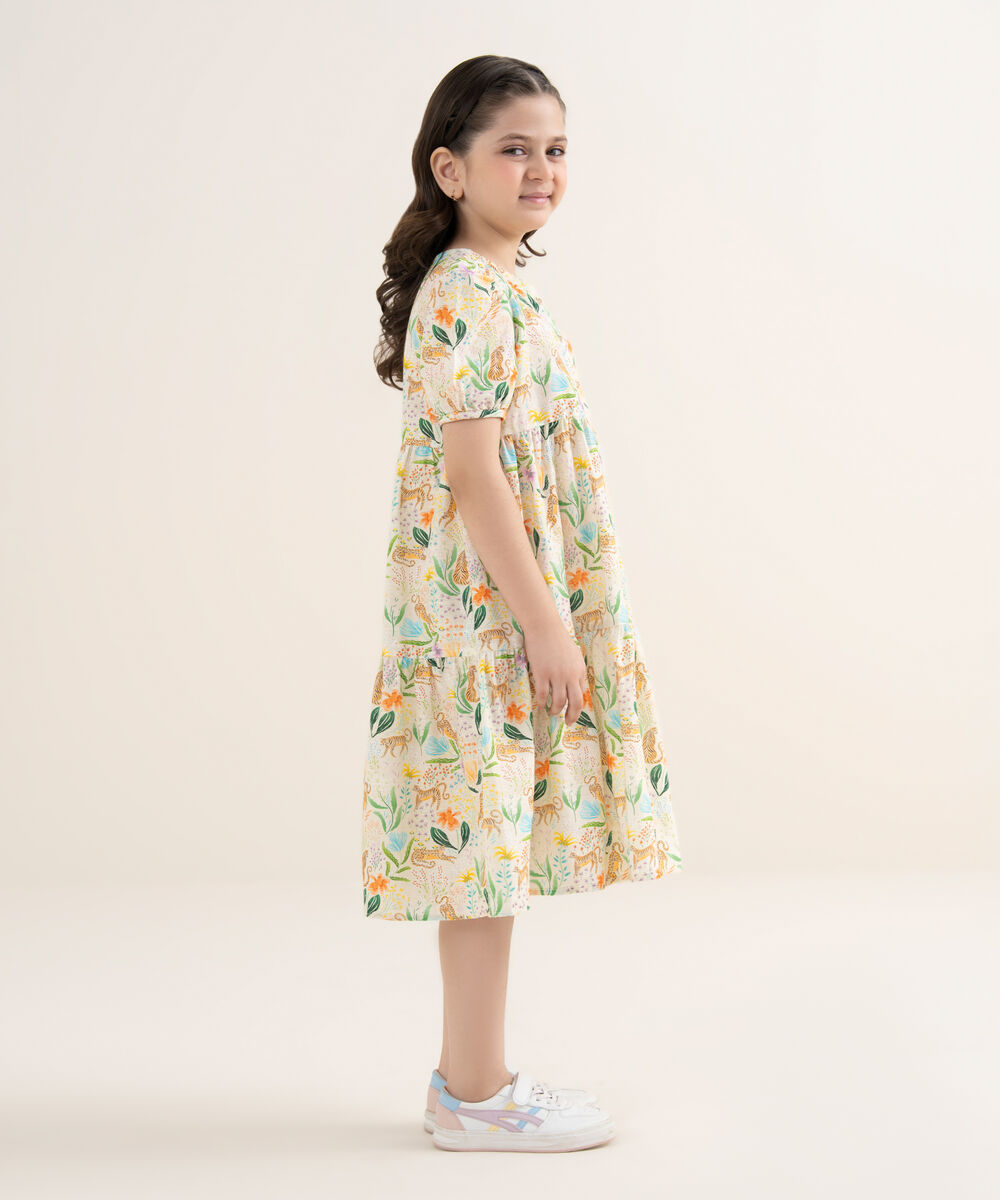 Girl's Khaddar Printed Off White Tier Dress