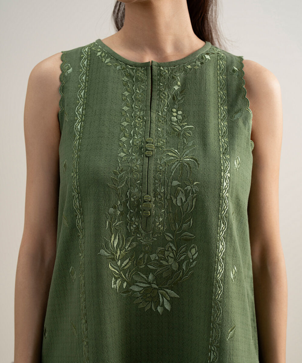 Women's Unstitched Dobby Embroidered Green 3 Piece Suit