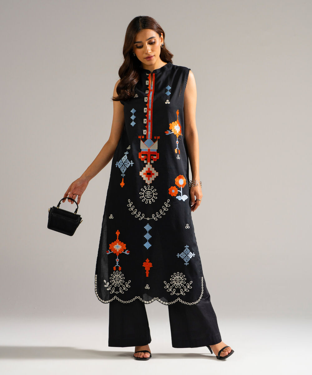 Women's RTW Dobby Embroidered Black Straight Shirt
