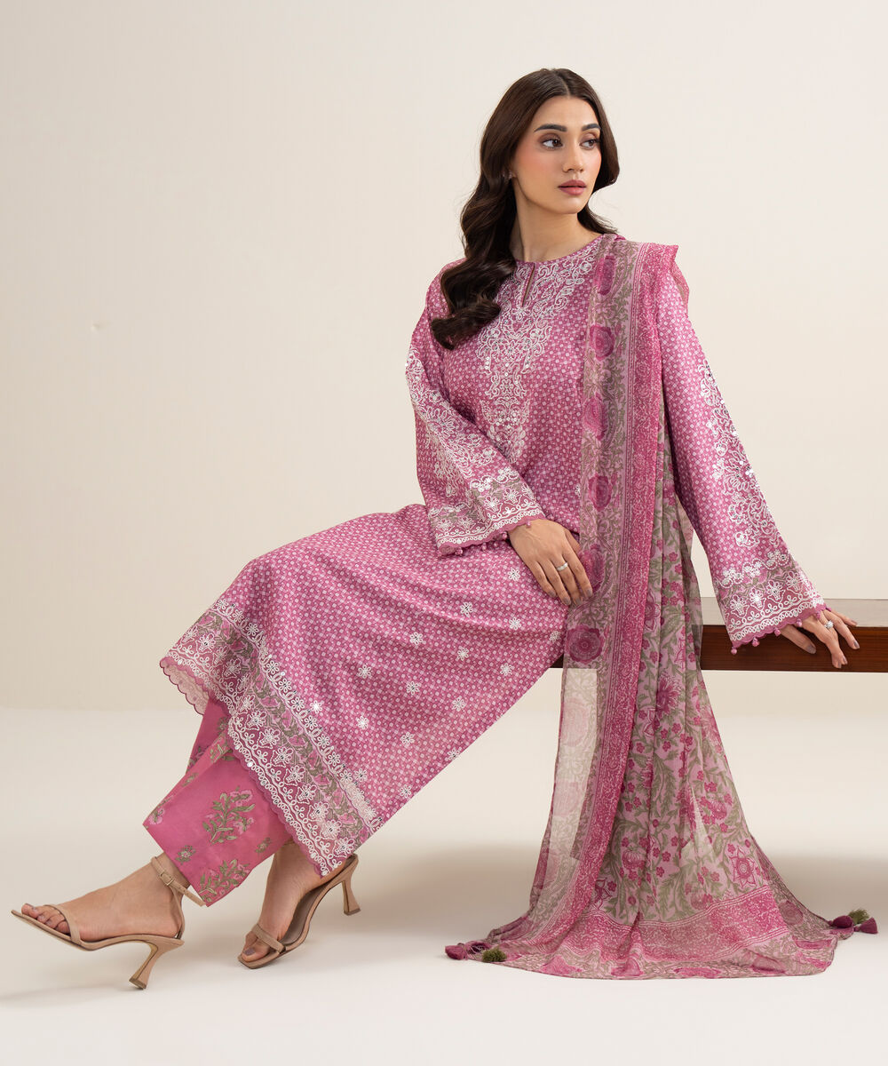 Women's Unstitched Lawn Embroidered Pink 3 Piece Suit