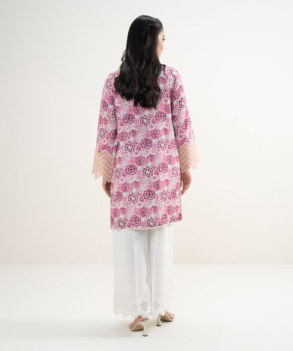 Women's RTW Viscose Raw Silk Embroidered Pink Straight Shirt