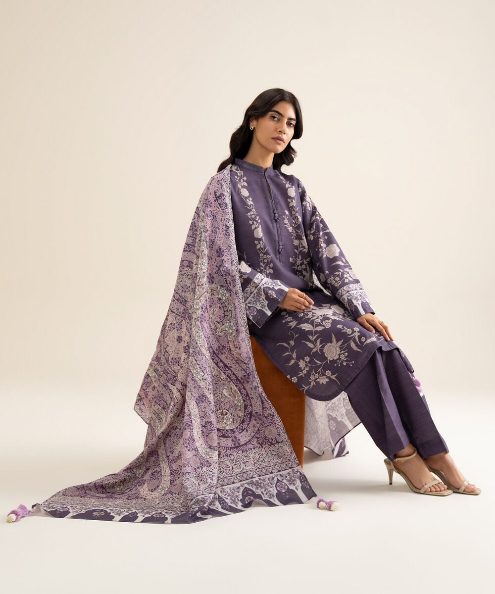 Women's Unstitched Premium Khaddar Printed Lilac 3 Piece Suit