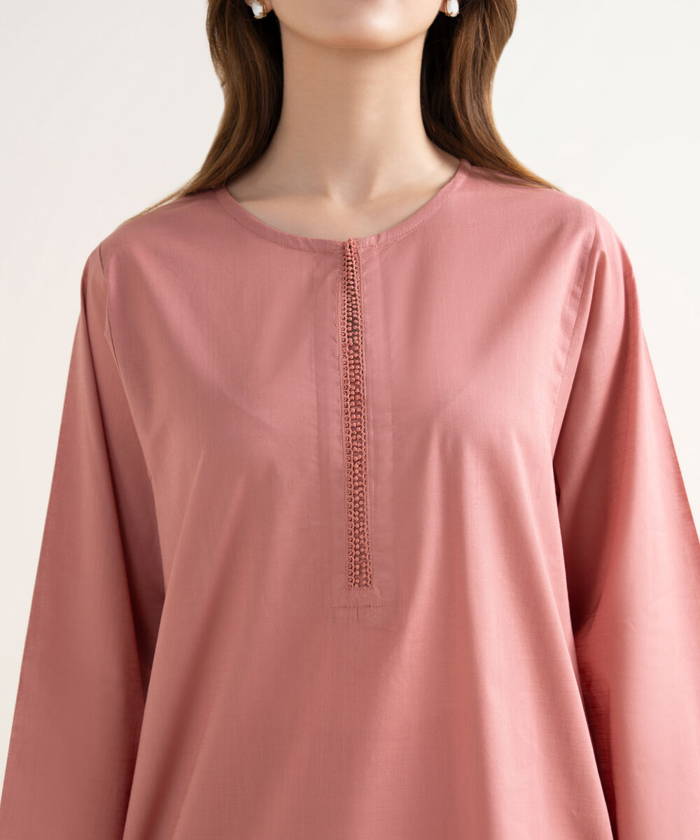 Women's RTW Textured Cotton Solid Drop Shoulder Pink Shirt