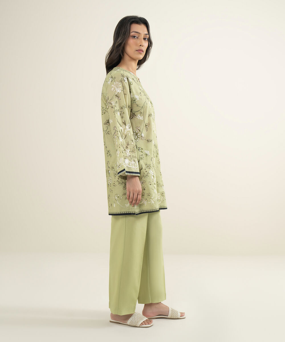 Women's RTW Lawn Embroidered Green Straight Shirt