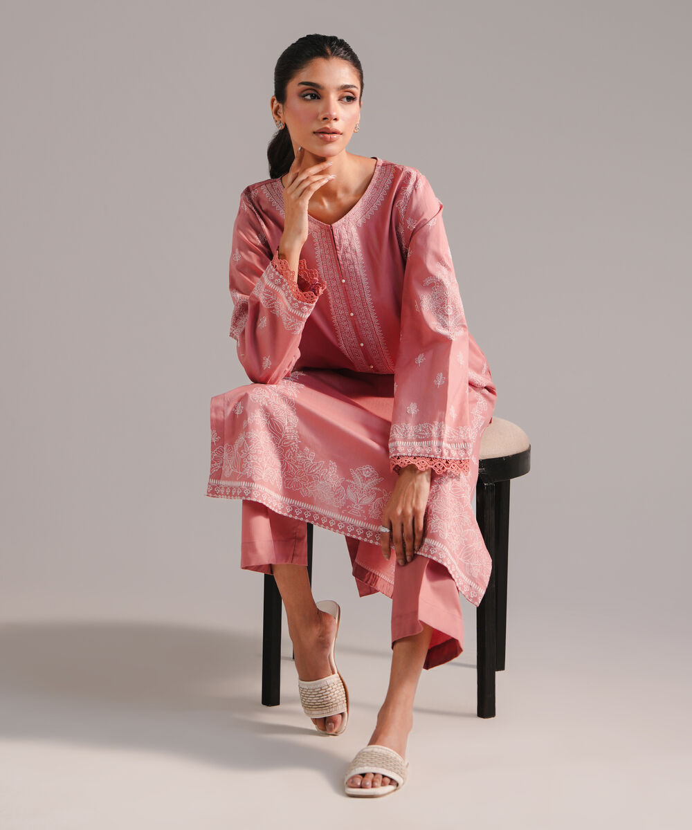 Women's RTW Lawn Printed Pink A-Line Shirt