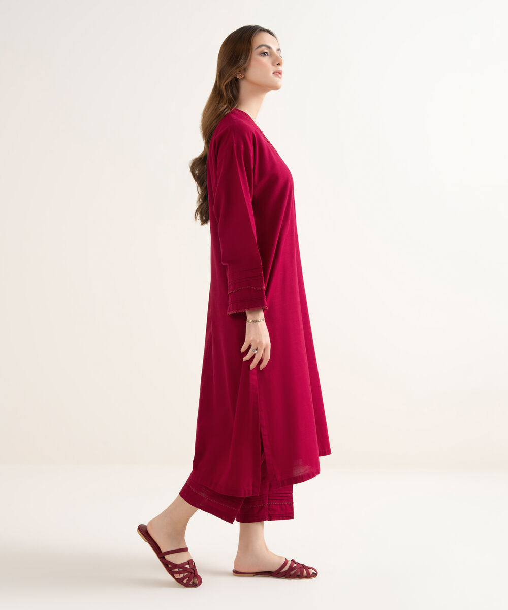 Women's RTW Textured Cotton Solid Drop Shoulder Red Shirt