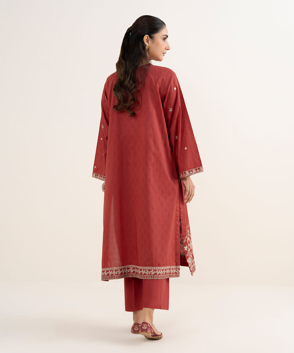 Women's RTW Self Jacquard Leno Embroidered Rust A-Line Shirt