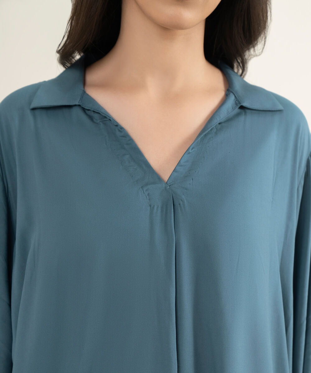 Women's RTW Arabic Lawn Solid Teal Drop Shoulder Shirt