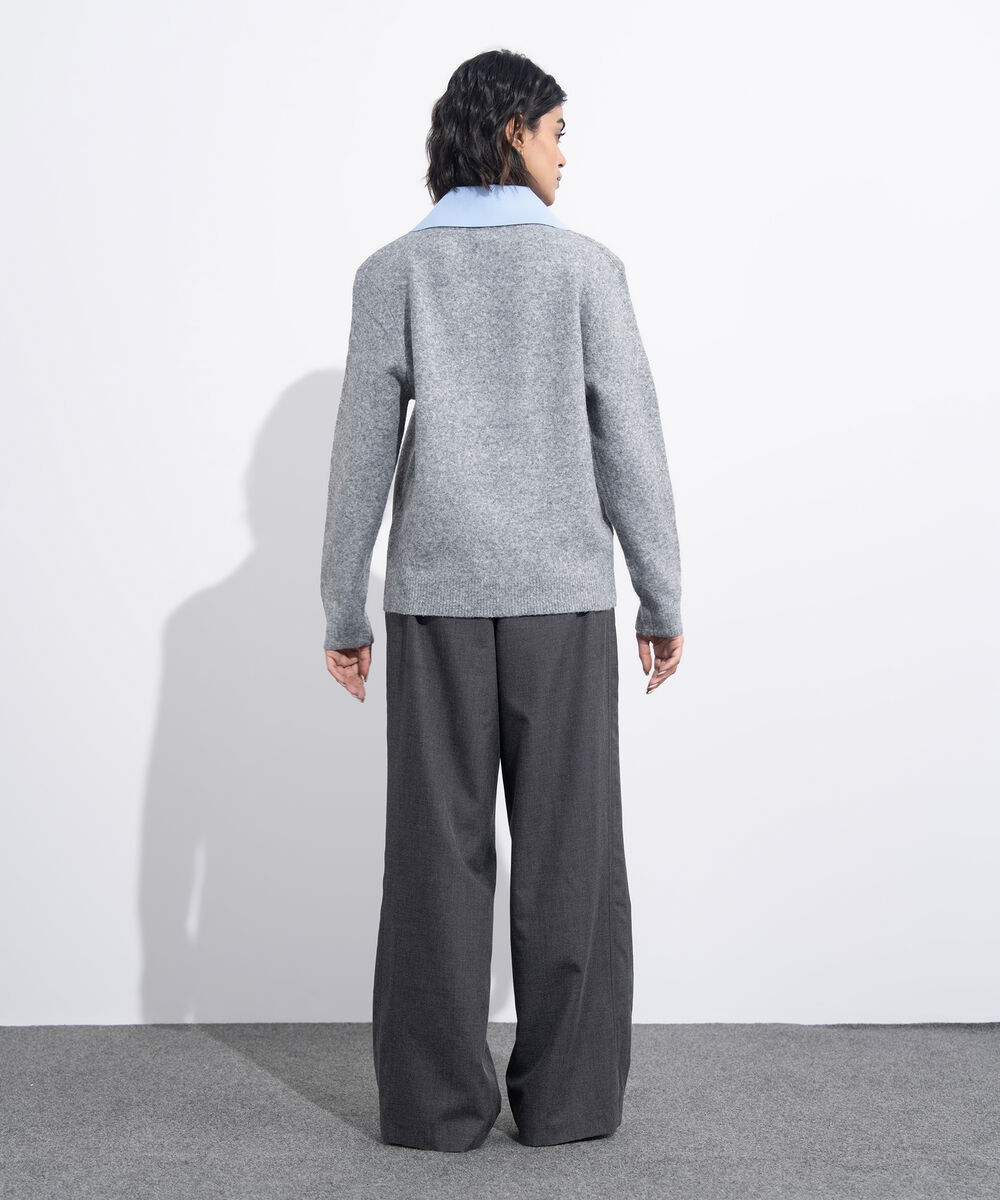 Women's Western Wear Grey Contrast Collar Knit Sweater