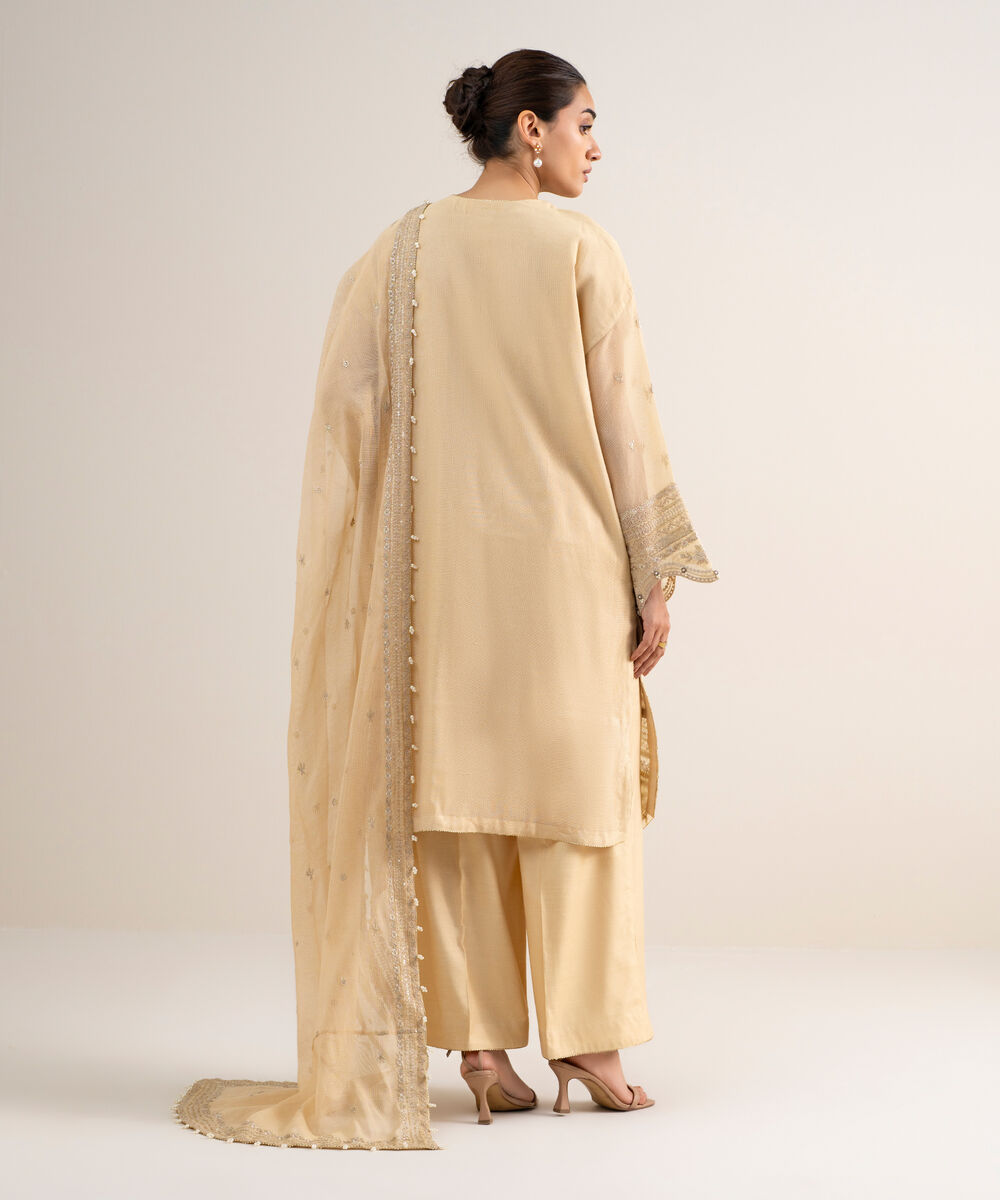 Women's Unstitched Khaddi Net Embroidered Beige