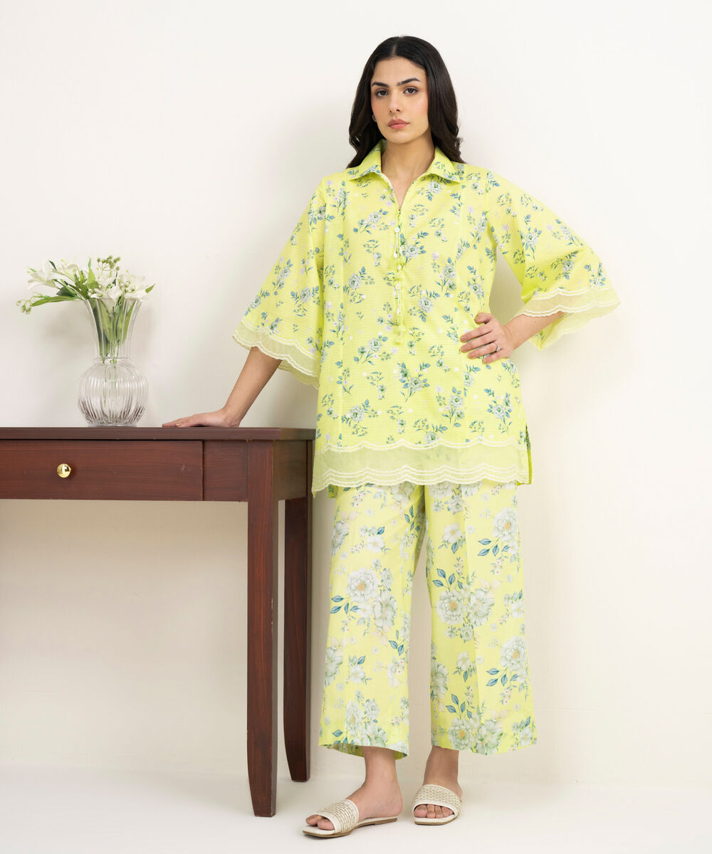 Women's RTW Dobby Embroidered Green Straight Shirt