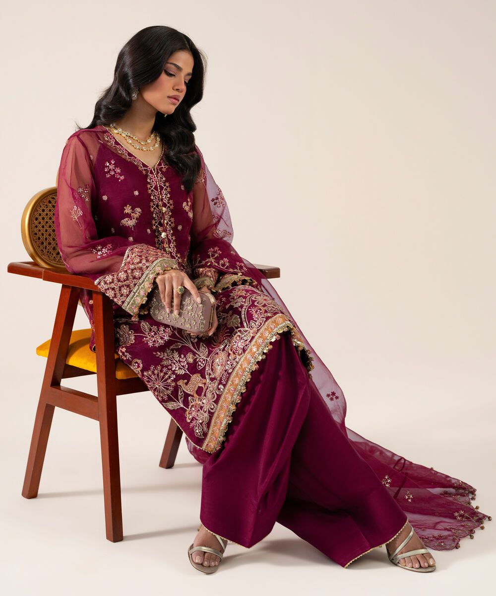 Women's Unstitched Organza Embroidered Pink 3 Piece Suit