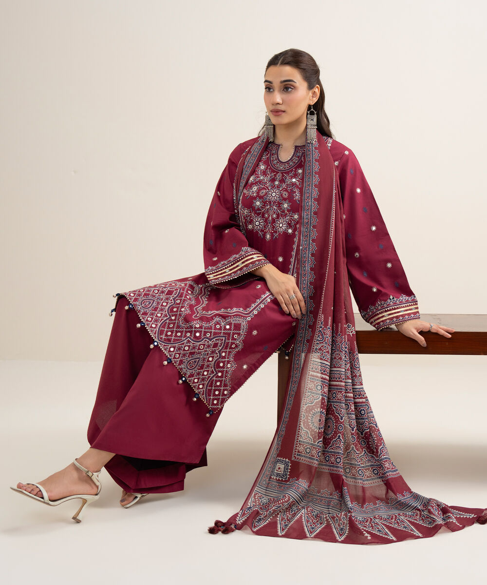 Women's Unstitched Lawn Embroidered Maroon 3 Piece Suit