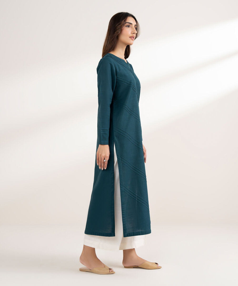 Women's RTW Khaddar Solid Straight Blue Shirt