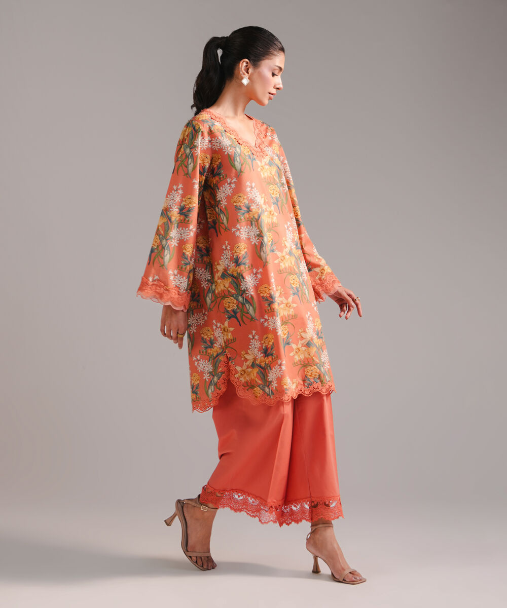 Women's RTW Slub Lawn Embroidered Coral 2 Piece Suit