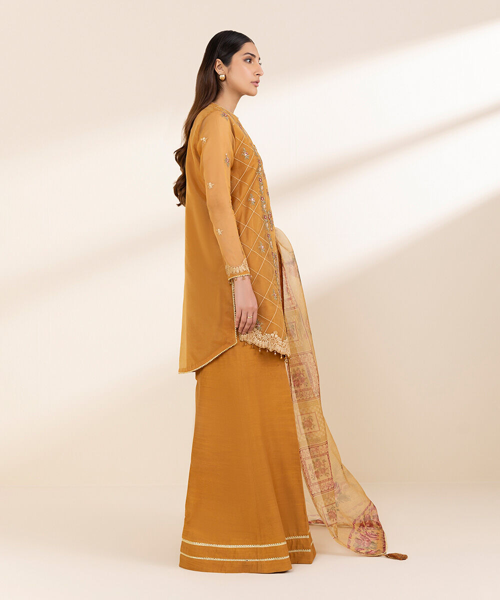 Unstitched Women's Yellow Organza Embroidered 3 Piece Suit