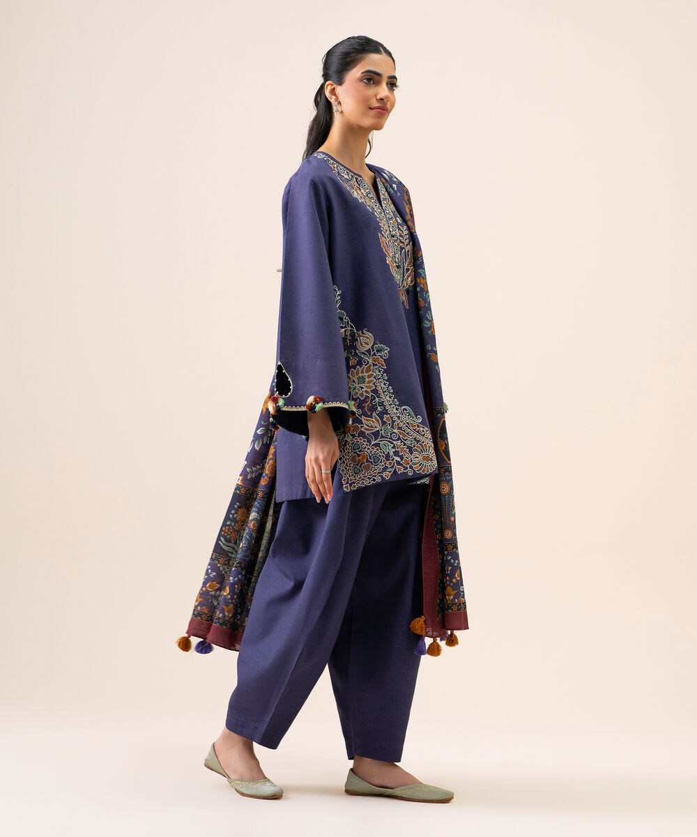 Women's Unstitched Light Khaddar Embroidered Blue 3 Piece Suit