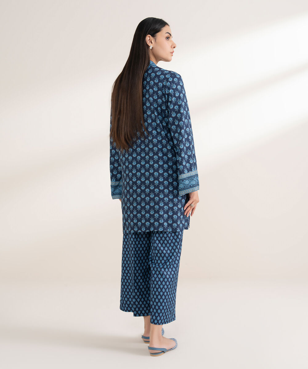 Women's RTW Arabic Dobby Printed Straight Blue Shirt