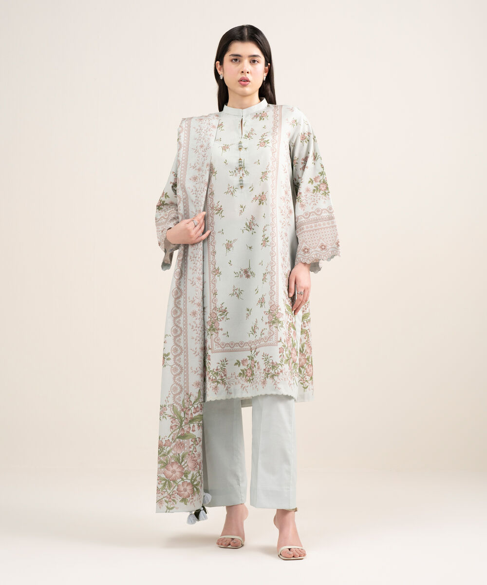 Women's Unstitched Zari Lawn Printed Blue 3 Piece Suit