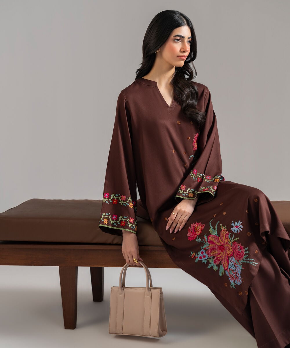 Women's RTW Bedford Solid Embroidered Brown Straight Shirt