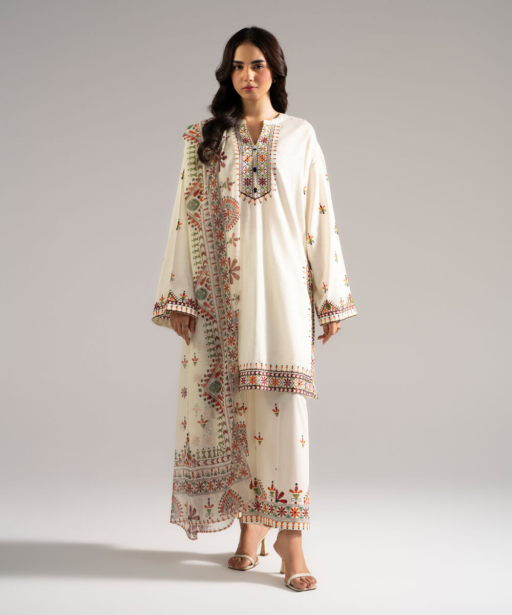Women's RTW Dobby Embroidered Off White 3 Piece Suit