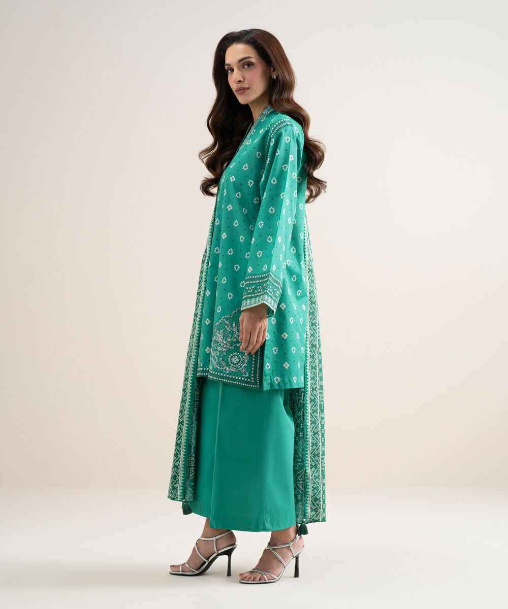 Women's Unstitched Lawn Embroidered Teal Green 3 Piece Suit