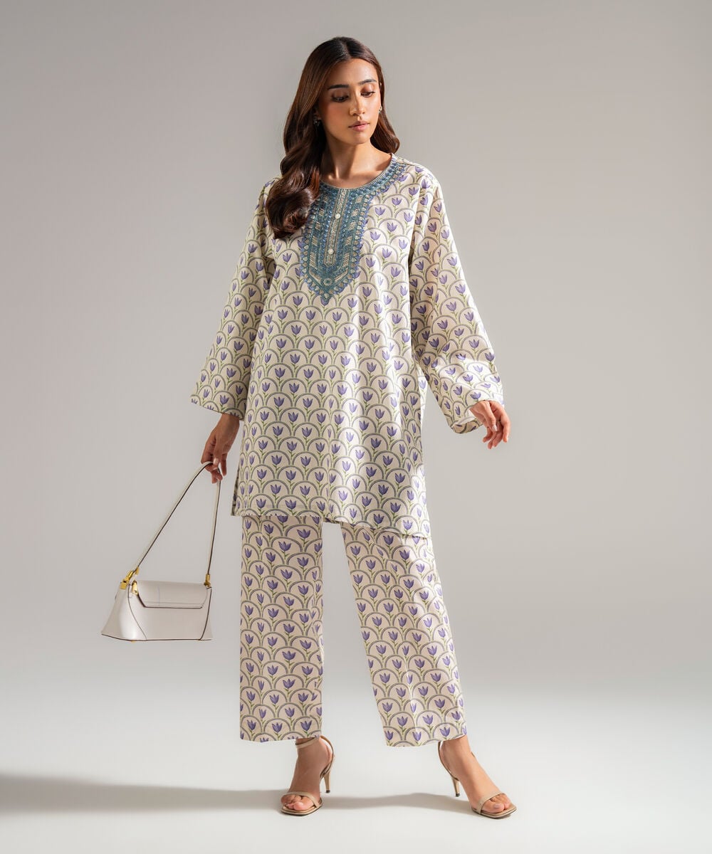 Women's RTW Cambric Embroidered Off White 2 Piece Suit