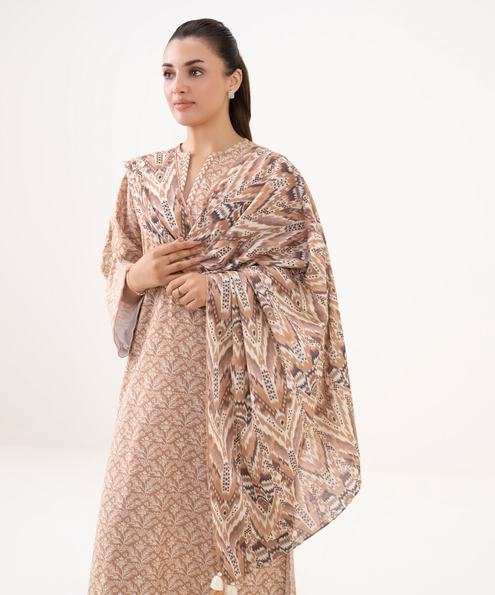 Women's Unstitched Khaddar Printed Beige 3 Piece Suit