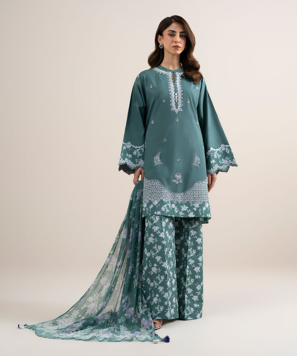 Women's Unstitched Dobby Embroidered Green 3 Piece Suit