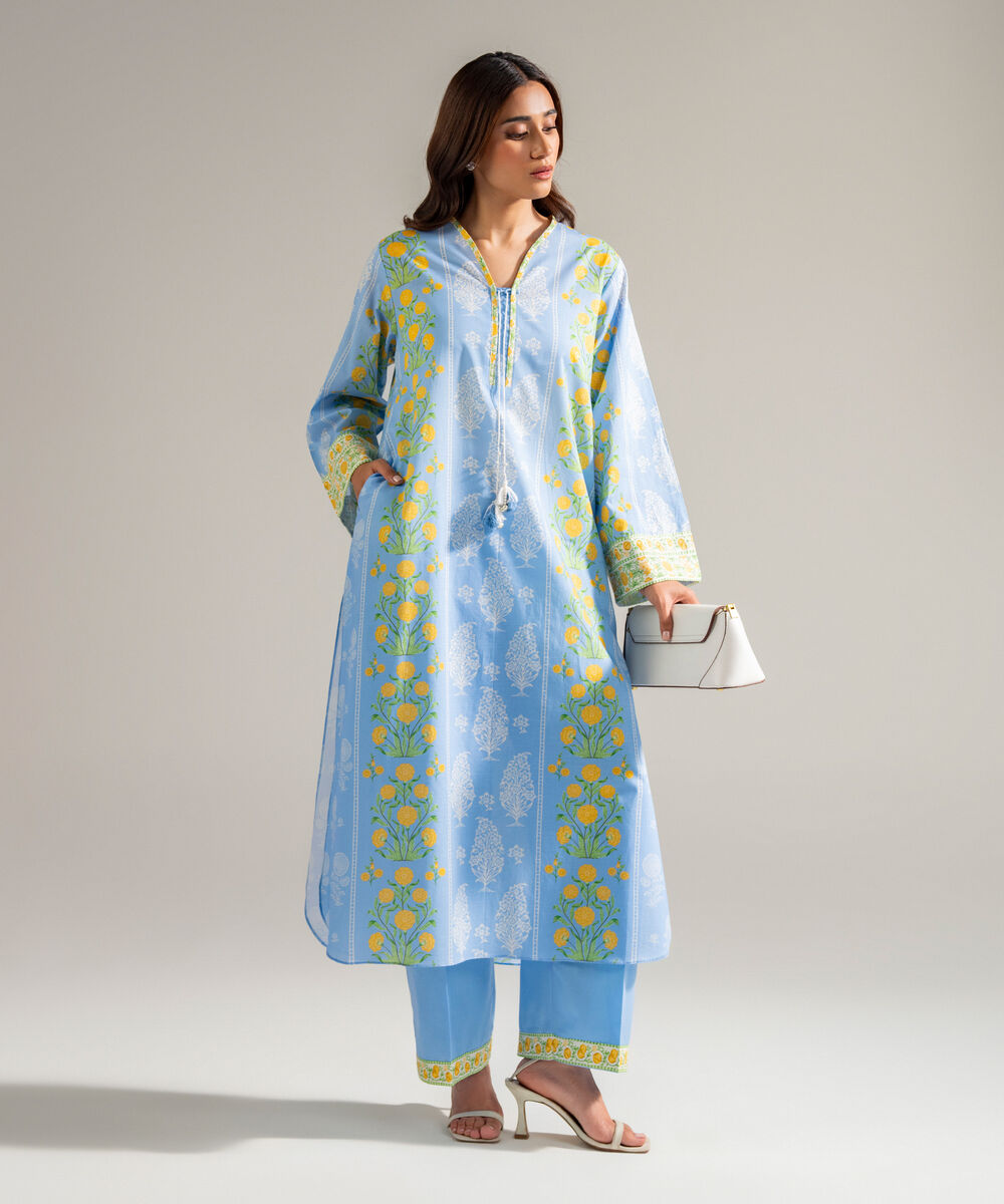 Women's RTW Slub Lawn Printed Blue Straight Shirt