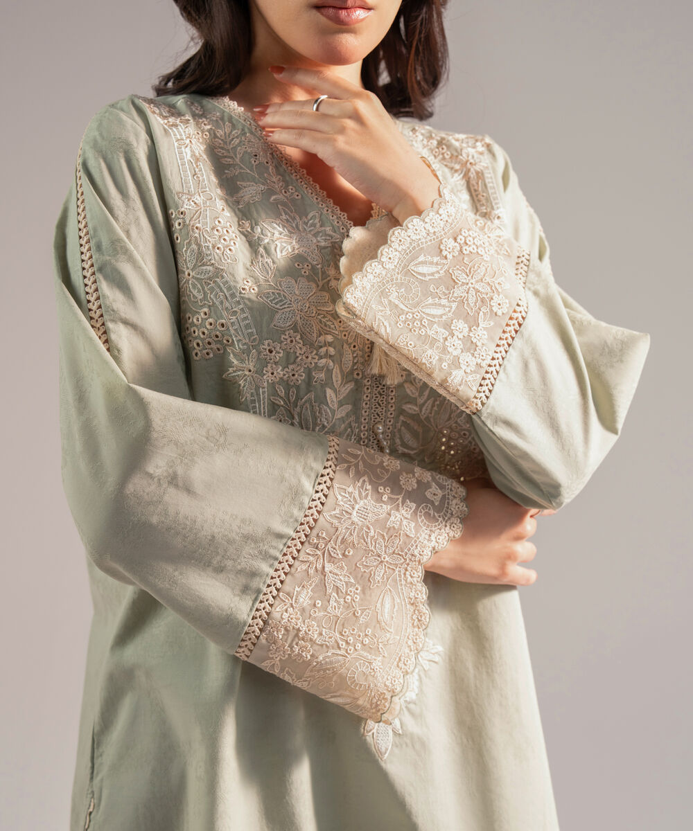 Women's RTW Self Jacquard Embroidered Mint Green 2 Piece Suit
