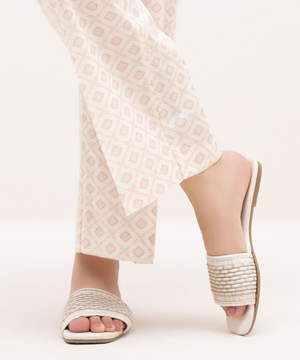 Women's RTW Cambric Off White Printed Straight Pants