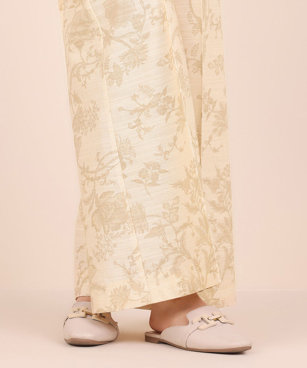 Women's Pret Printed Cream White Khaddar Flared Trousers