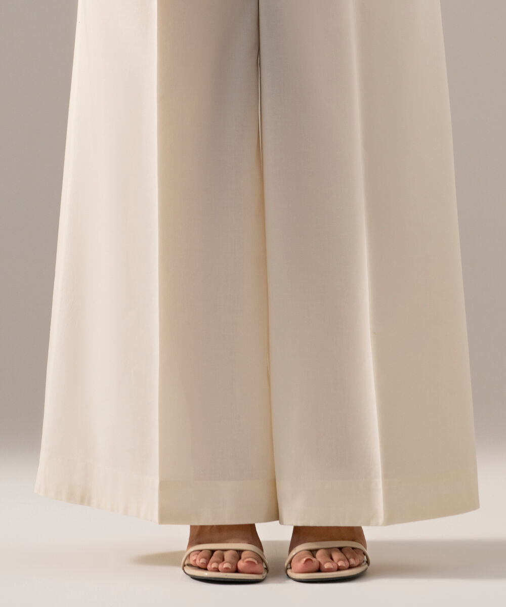 Women's RTW Cambric Solid Off White Flared Pants