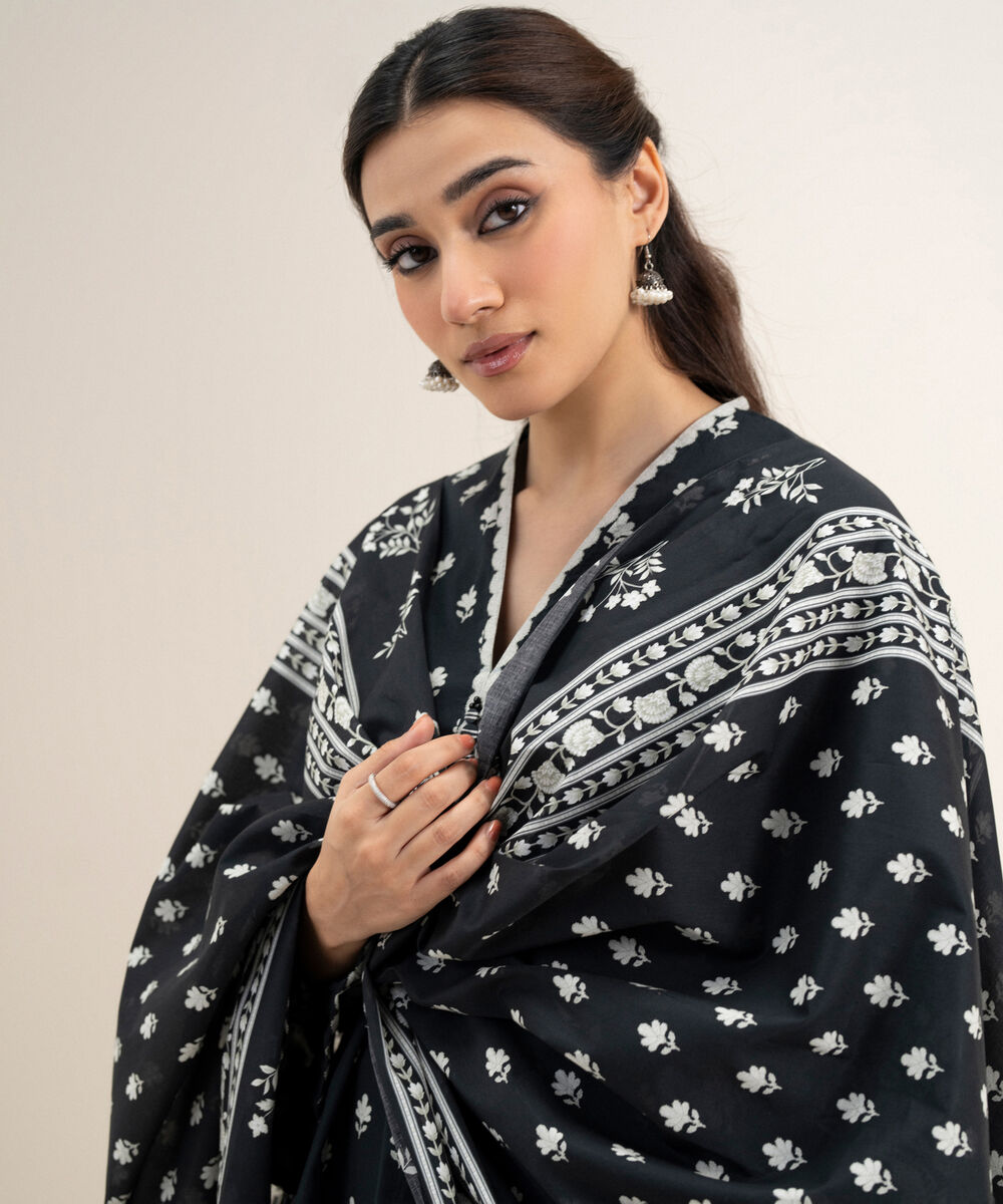 Women's Unstitched Lawn Printed Black and Off White 3 Piece Suit