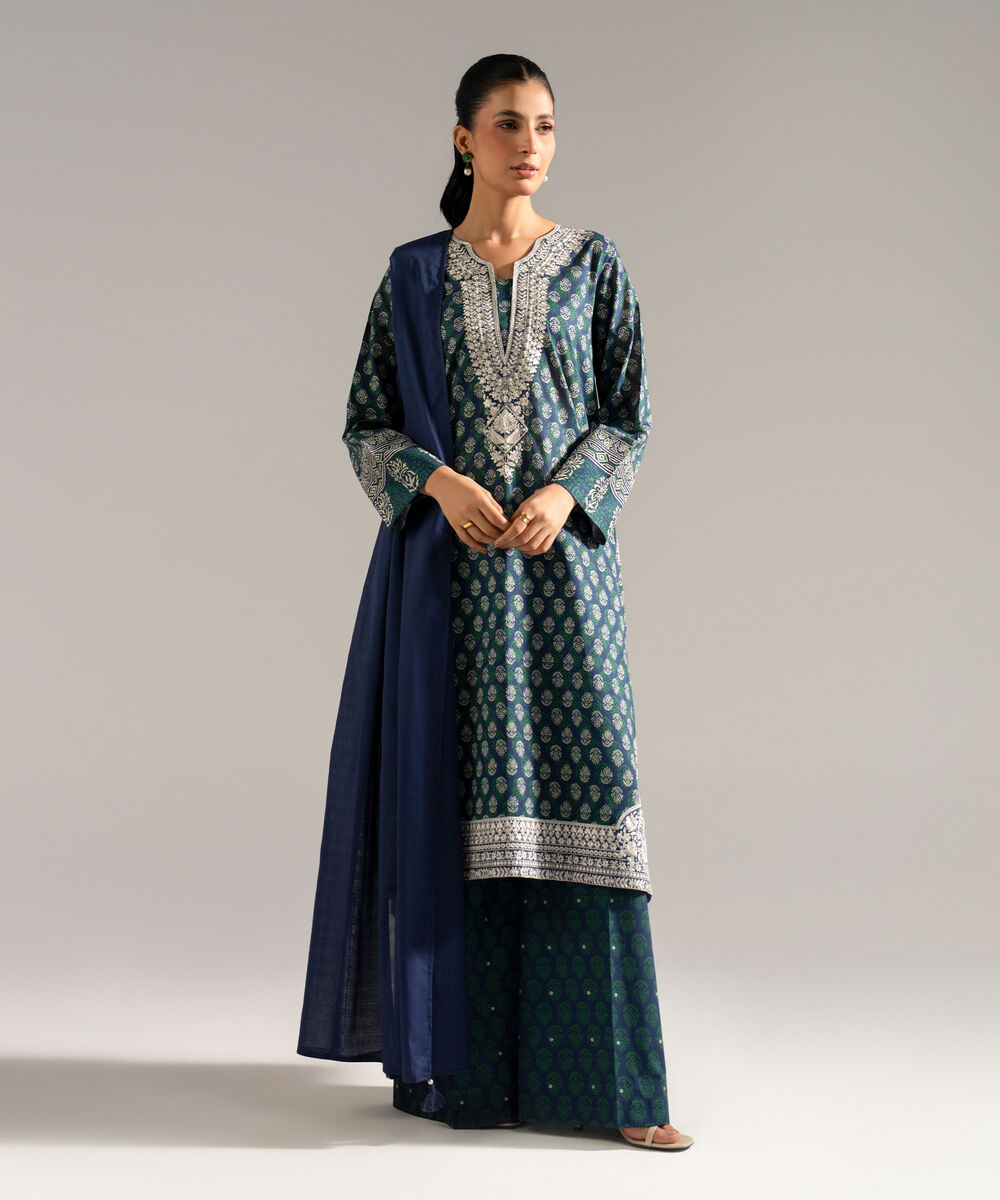 Women's RTW Lawn Embroidered Blue 3 Piece Suit