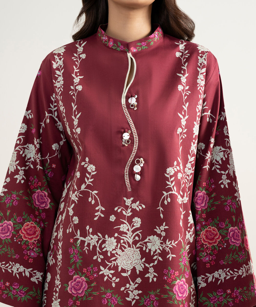 Women's Unstitched Lawn Embroidered Red 3 Piece Suit