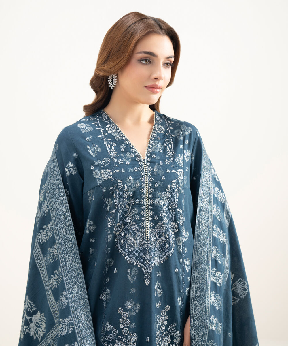 Women's Unstitched Extra Weft Jacquard Embroidered Blue 3 Piece Suit