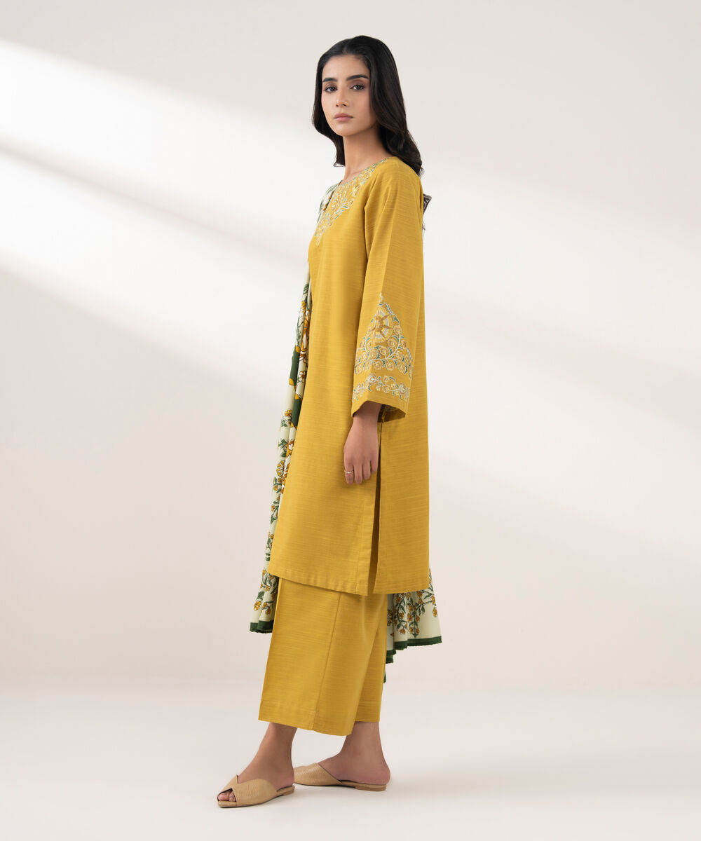 Women's RTW Khaddar Embroidered Mustard 3 Piece Suit
