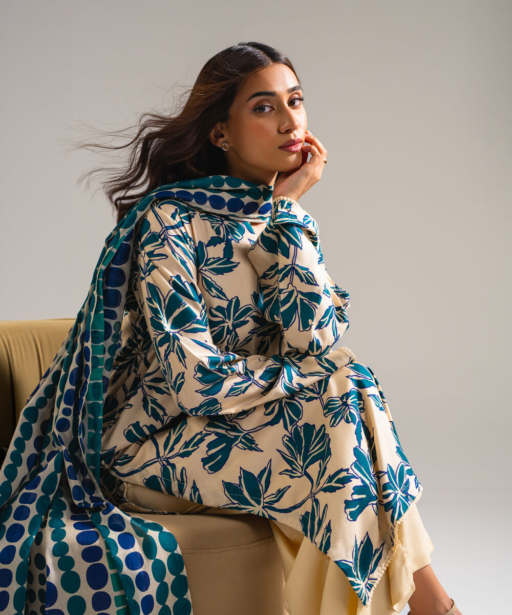 Women's RTW Arabic Lawn Printed Off White 3 Piece Suit