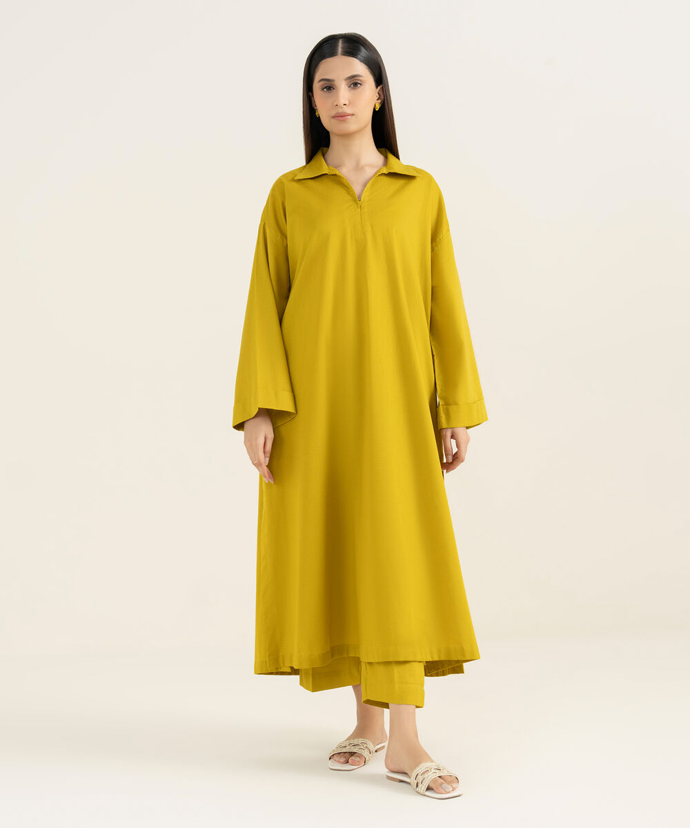 Women's RTW Textured Lawn Yellow Solid Drop Shoulder Shirt