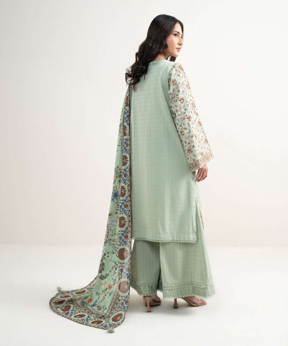 Women's RTW Dobby Embroidered Green 3 Piece Suit