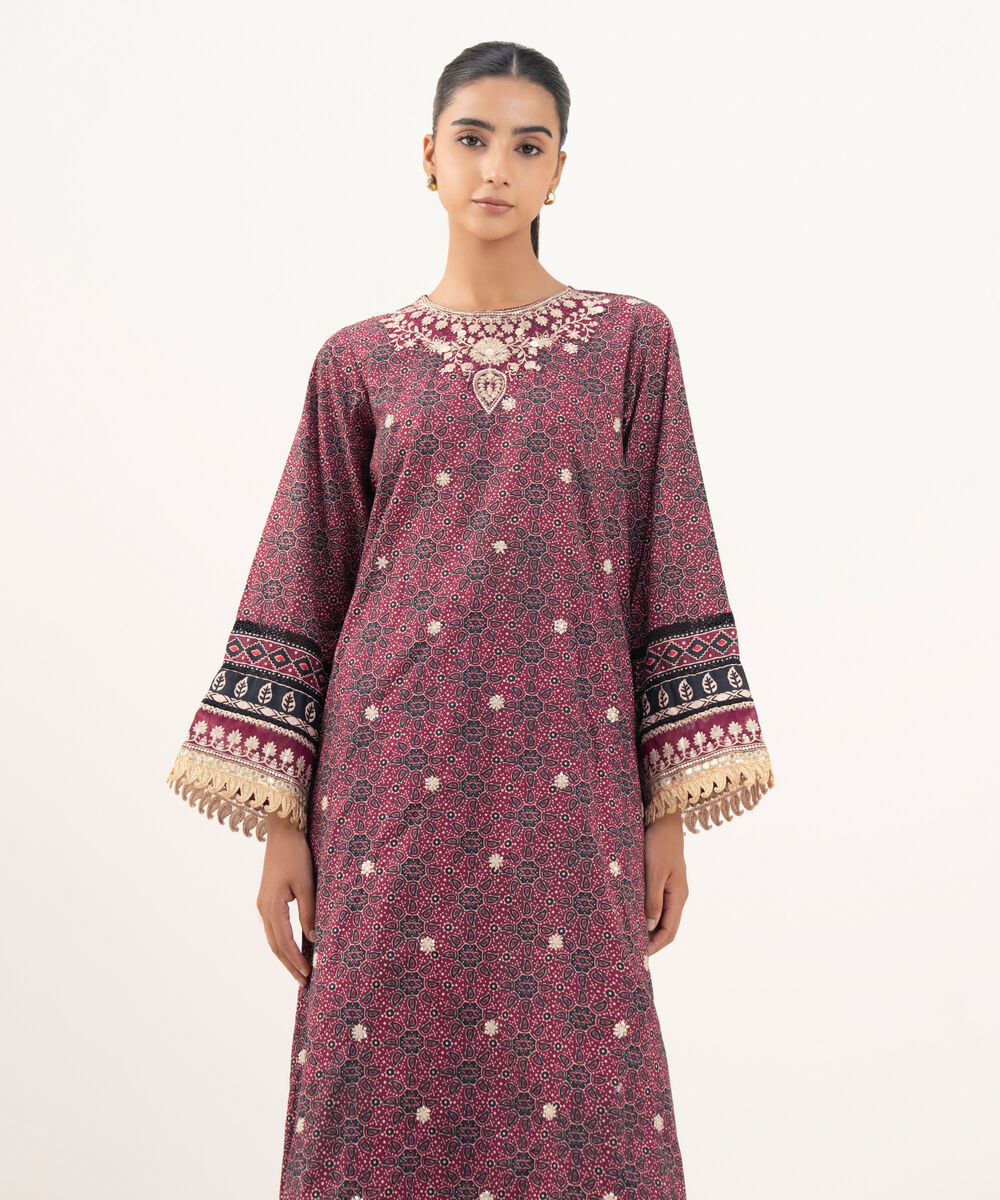 Women's RTW Textured Lawn Maroon Embroidered A-Line Shirt
