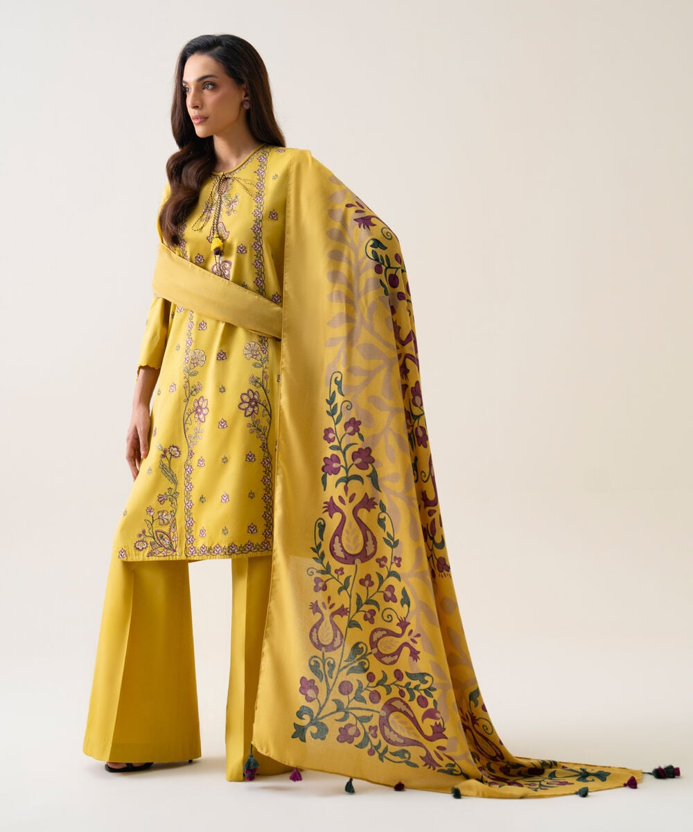 Women's Unstitched Cotton Twill Embroidered Yellow 3 Piece Suit