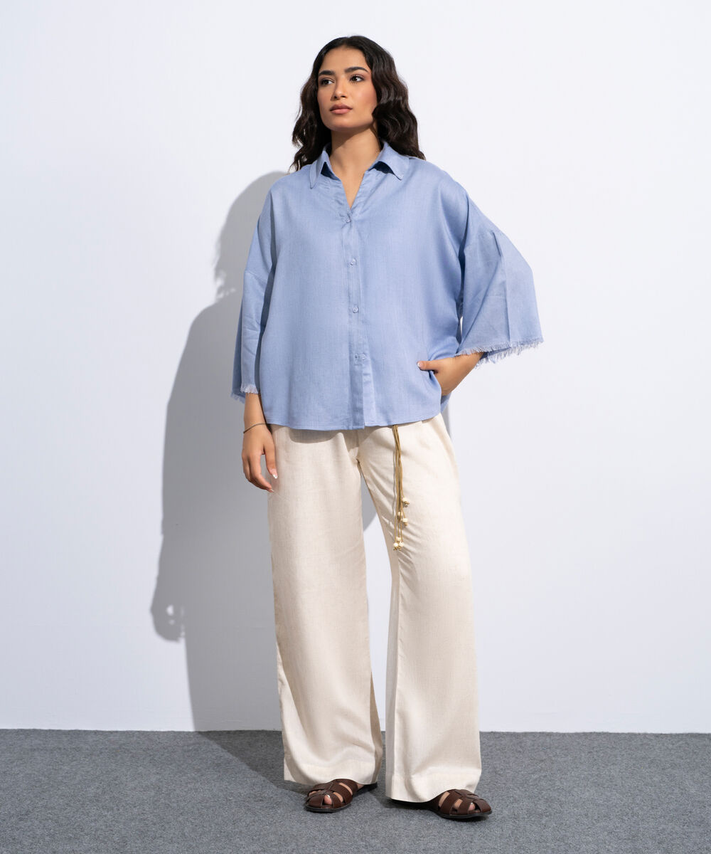 Women's Light Blue Linen Blend V-Neck Top